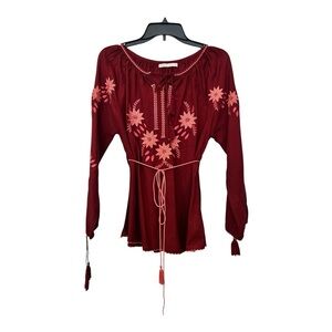 Sorento Burgundy Long Sleeve Tie Front Embroidered Blouse Linen Medium NWOT
